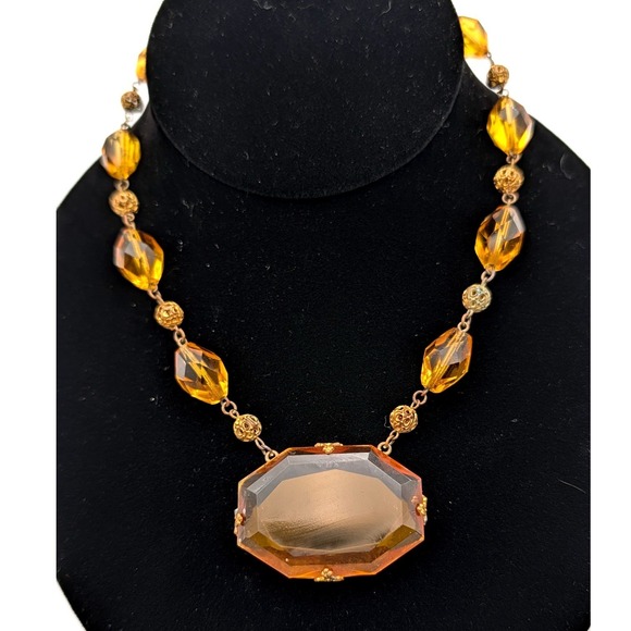 Unbranded Jewelry - Vintage Art Deco Czech Glass Amber Necklace Brass Filigree Pendant Statement